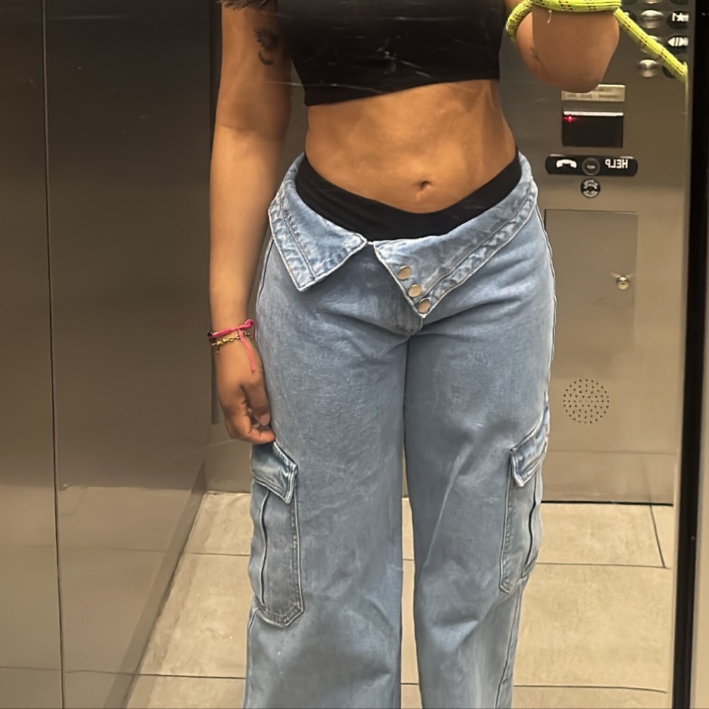 PLT Petite light wash asymmetric fold over waistband low rise straight leg jeans